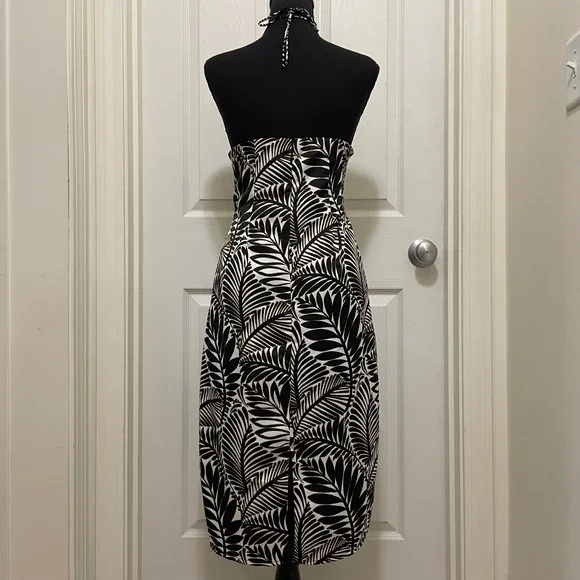 Avec Les Filles Halter Midi Dress Palm Leaf Tropical Size 10 Satin Black Gold - Picture 4 of 13